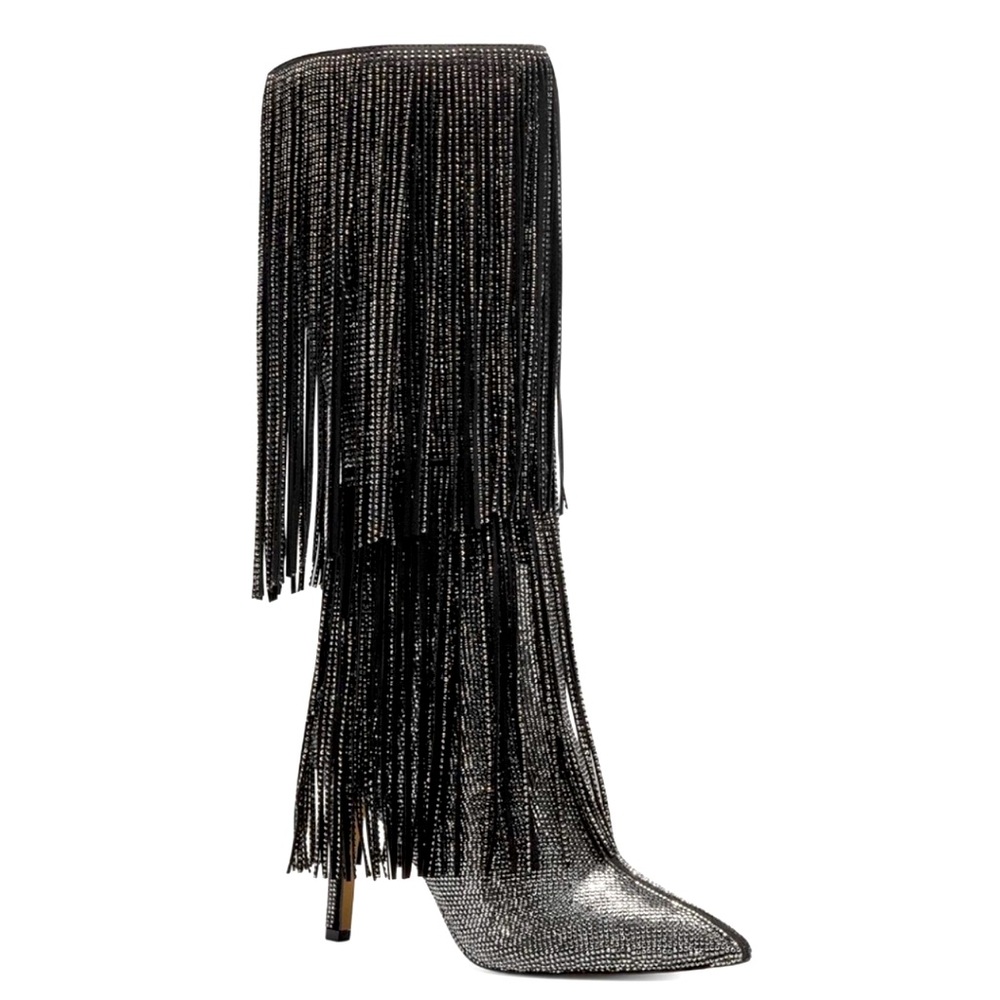 Inc Black & Silver Studded Fringed Breathable Pointed Toe Block Heel